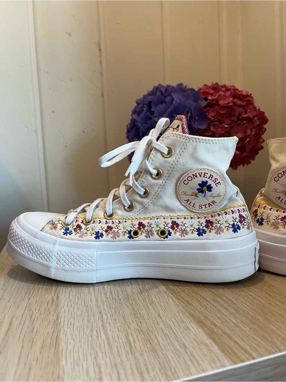 Converse Chuck Taylor All Star Platform High Top in Cream with Floral Embroidery